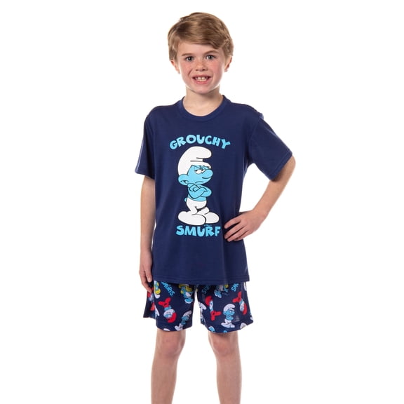 The Smurfs Grouchy Smurf Boys' Pajama Lounge 2 Piece Sleep Set Short Sleeve Shirt and Shorts Loungewear Sleepwear
