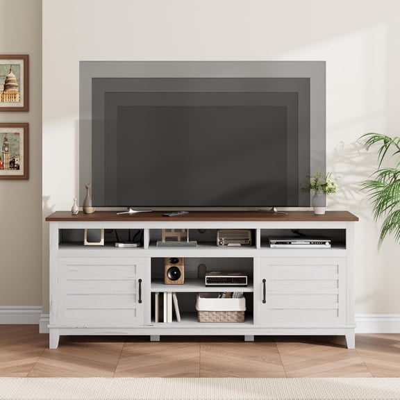 70.9" Farmhouse TV Stand for TVs Up to 75", Entertainment Center with Adjustable Shelves and Storage Cabinets, Modern Media Console Table with Grooved Doors for Living Room Bedroom,Brown