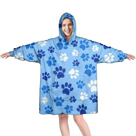 Wearable Oversized Blanket,Blue Dog Paw Footprint Wearable Blanket Hoodie for Adults,Cozy Hooded Blankets with Super Pockets,Super Warm Fuzzy Pullover for Women & Men