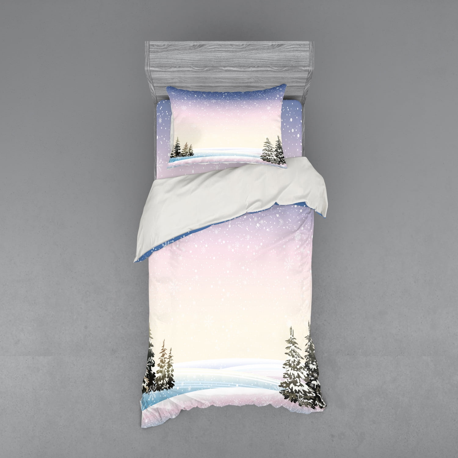 Winter Duvet Cover Set, Snowfall in the Forest Pine Trees Northern