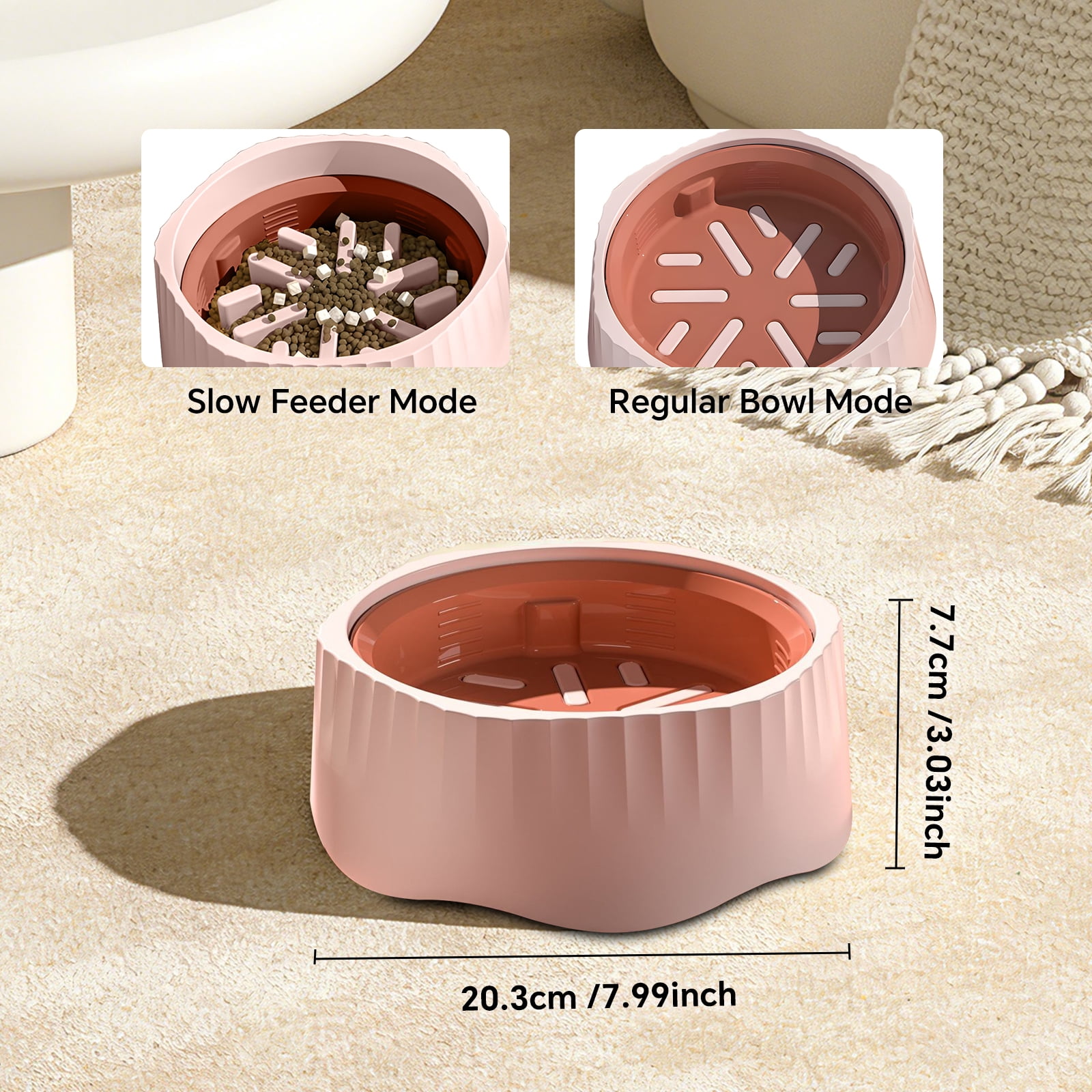 Pet Slow Feeding Bowl, Anti-Choking Bowl Switchable Anti-Slip Anti-Spill Dish for Dogs and Cats, Pink