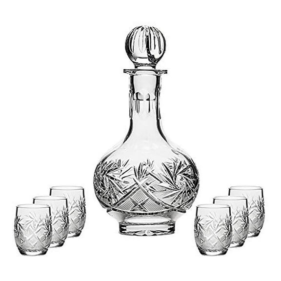 7-pc Vodka Cognac Whiskey Set Cut Crystal 12 Oz Carafe Decanter w/ 6 Crystal Shot Glasses "Barrell" shape Vintage Design