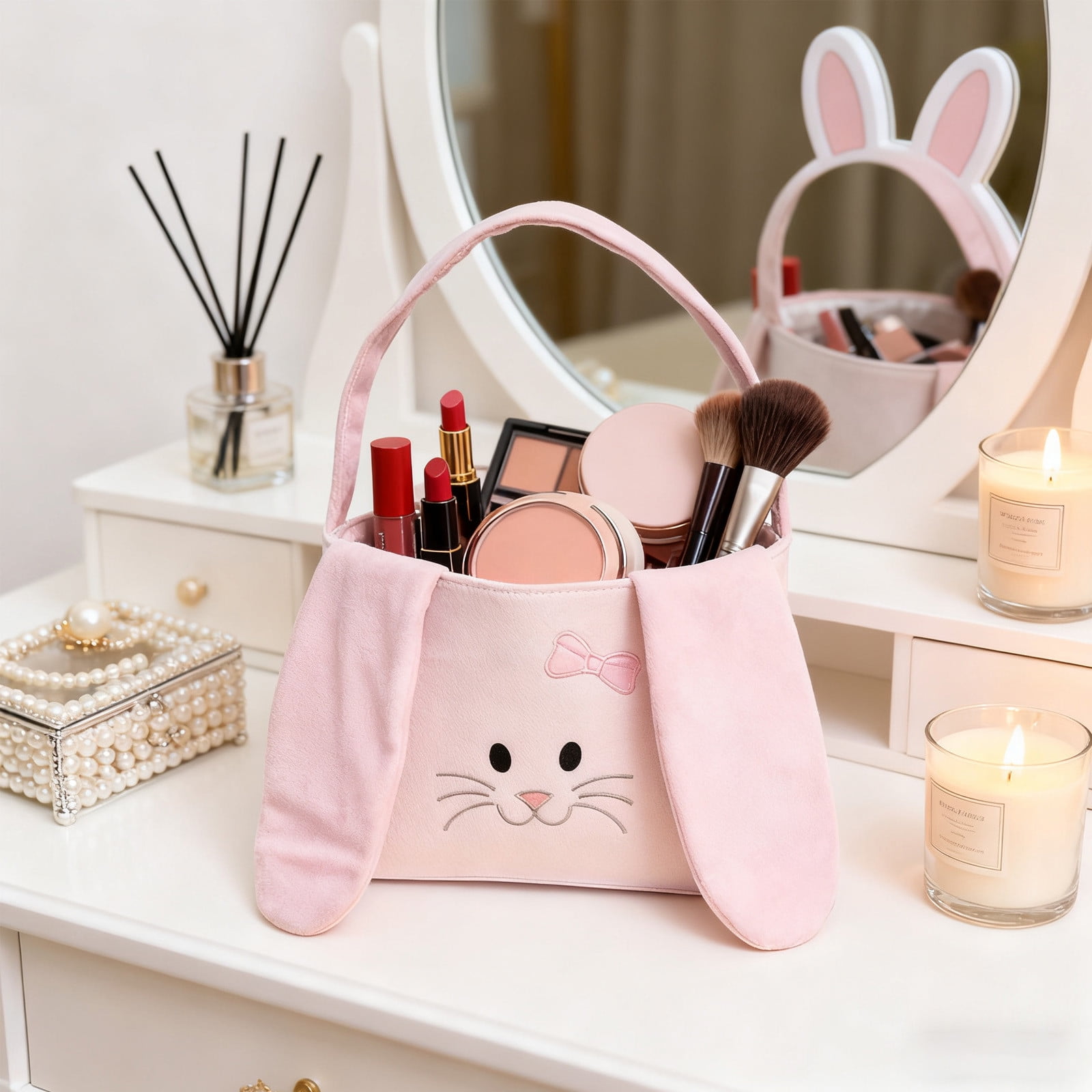 ToyKingdee Easter Basket Easter Bunny Basket, Cute Fluffy Bag with Foldable Ears, Plush Rabbit Tote Bags for Easter Egg Hunts Decorations Candy Gifts Storage