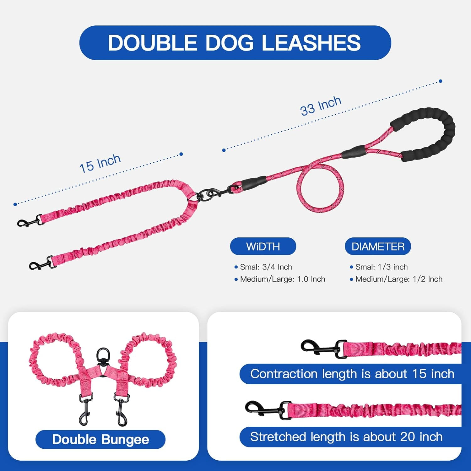 Double Dog Leash, Dual Dog Leash, 360° Swivel Tangle Free Bungee Walking Training for Large Medium Dogs, Shock Absorbing Bungee Reflective for Two Dogs, 18~121 lbs, Black