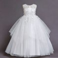 thumbnail image 5 of Girls Sleeveless Lace Tulle Flower Dress, Floor Length Layered Princess Ball Gown with Beading, Elegant formal Outfit for Wedding, Birthday Party, Pageant & Kids Photoshoot Events White 12-13Years, 5 of 5