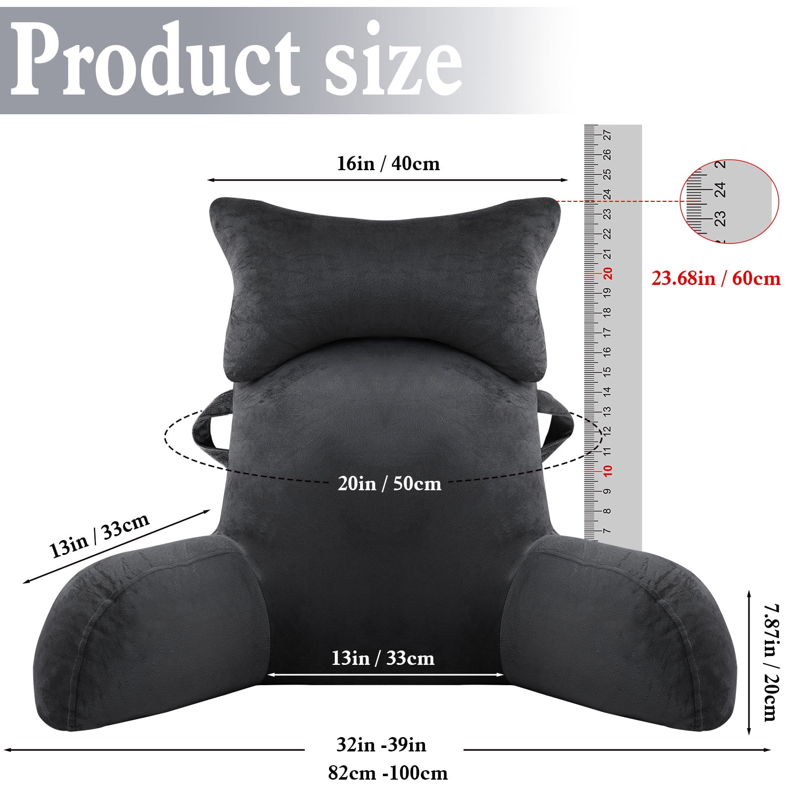 BEIPEGIN Reading Pillow, 23" Backrest Pillow with Arms and Pocket, Bed Rest Pillow with Detachable Neck Roll, Watching TV Bed Rest Reading Gaming Pillow for Adult Kids, Dark Grey