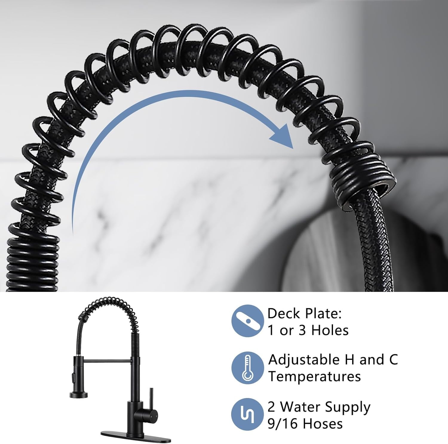 DTIG Black Kitchen Faucet, Pull-Out Sprayer, Brushed Nickel, Dual-Function, Includes Deck Plate, Water Pipes