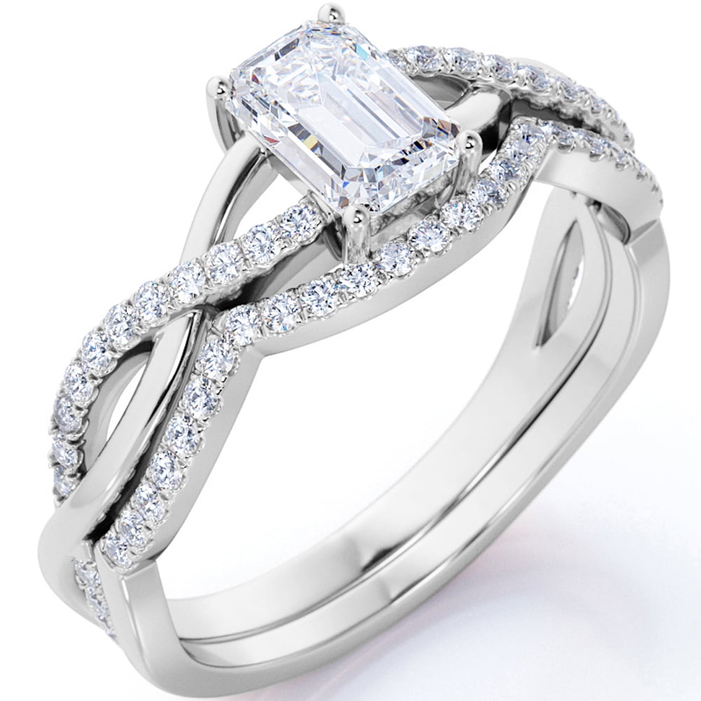 JeenMata 1 Carat Emerald Cut Moissanite Wedding Set - Bridal Set - Classic Ring - Three Stone Ring - 18k White Gold Over Silver