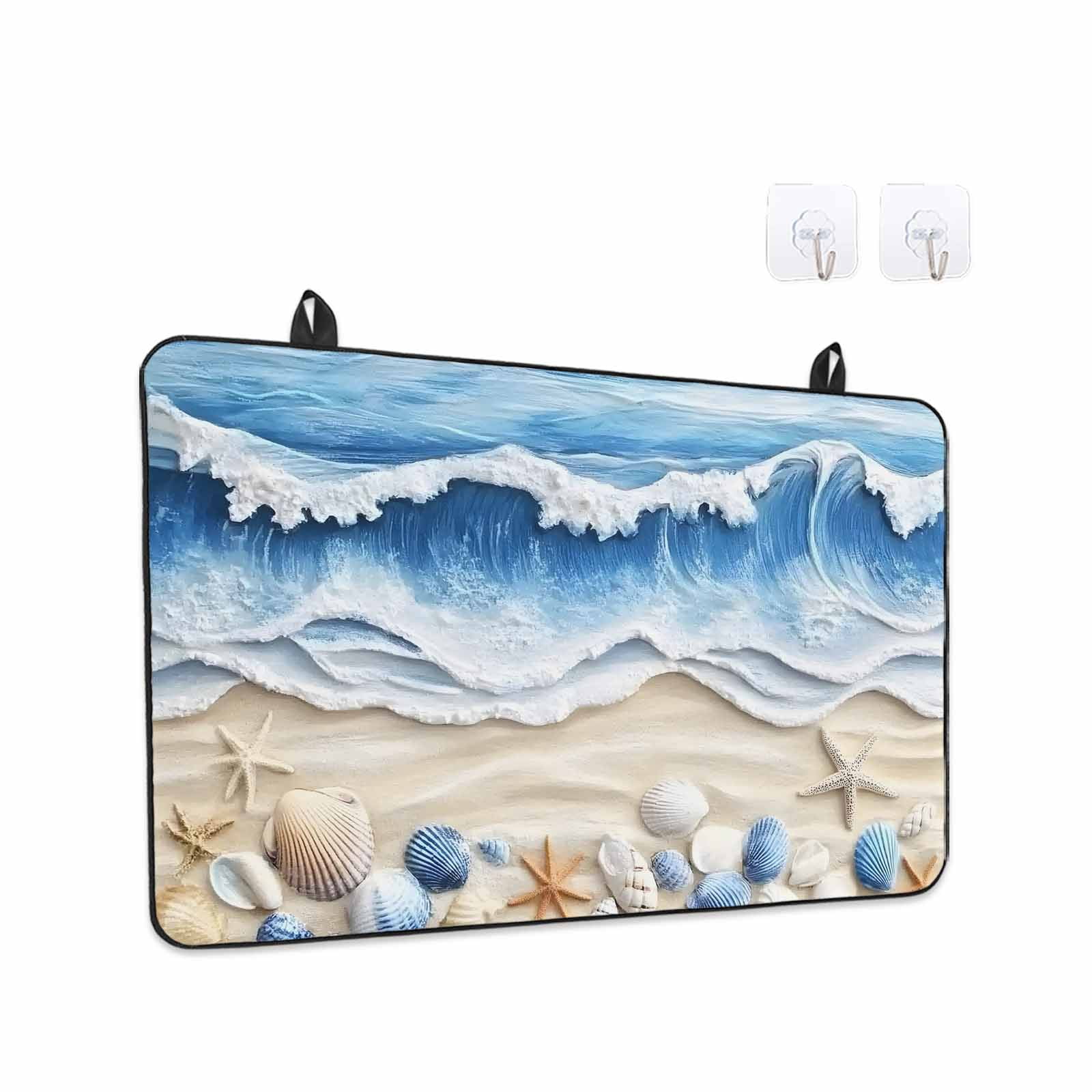 Coastal Blue Stove Top Cover for Electric Stove, Heat-proof & Non Slip Glass Top Stove Cover Protector, Starfish Beach Ocean Shell Sand Painting Kitchen Flat Cooktop Rubber Mat 24x21 Inches