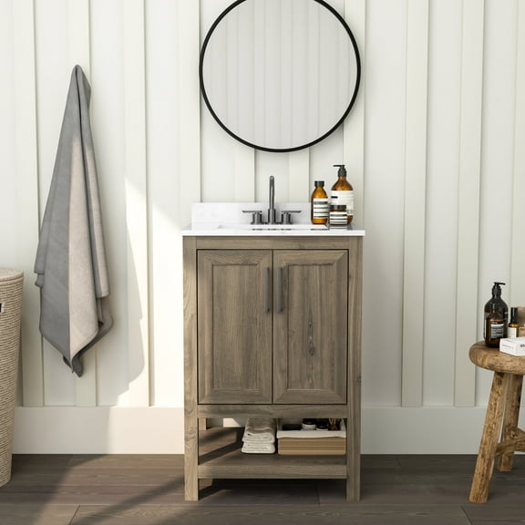 Merrick Lane 24 Inch Bathroom Vanity with Ceramic Sink, Carrara Marble Finish Countertop, Storage Cabinet with Soft Close Doors and Open Shelf in Brown