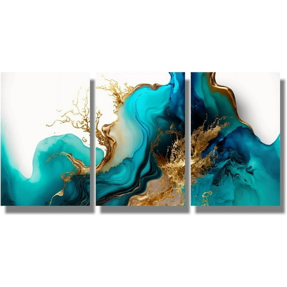 3 Piece Wall Art Decor for Home Modern Abstract Poster Prints on Canvas Modern Blue and Gold Marble Fluid Art Printing for Living Room Wall Art Stretched Ready to Hang 12x16inchx3