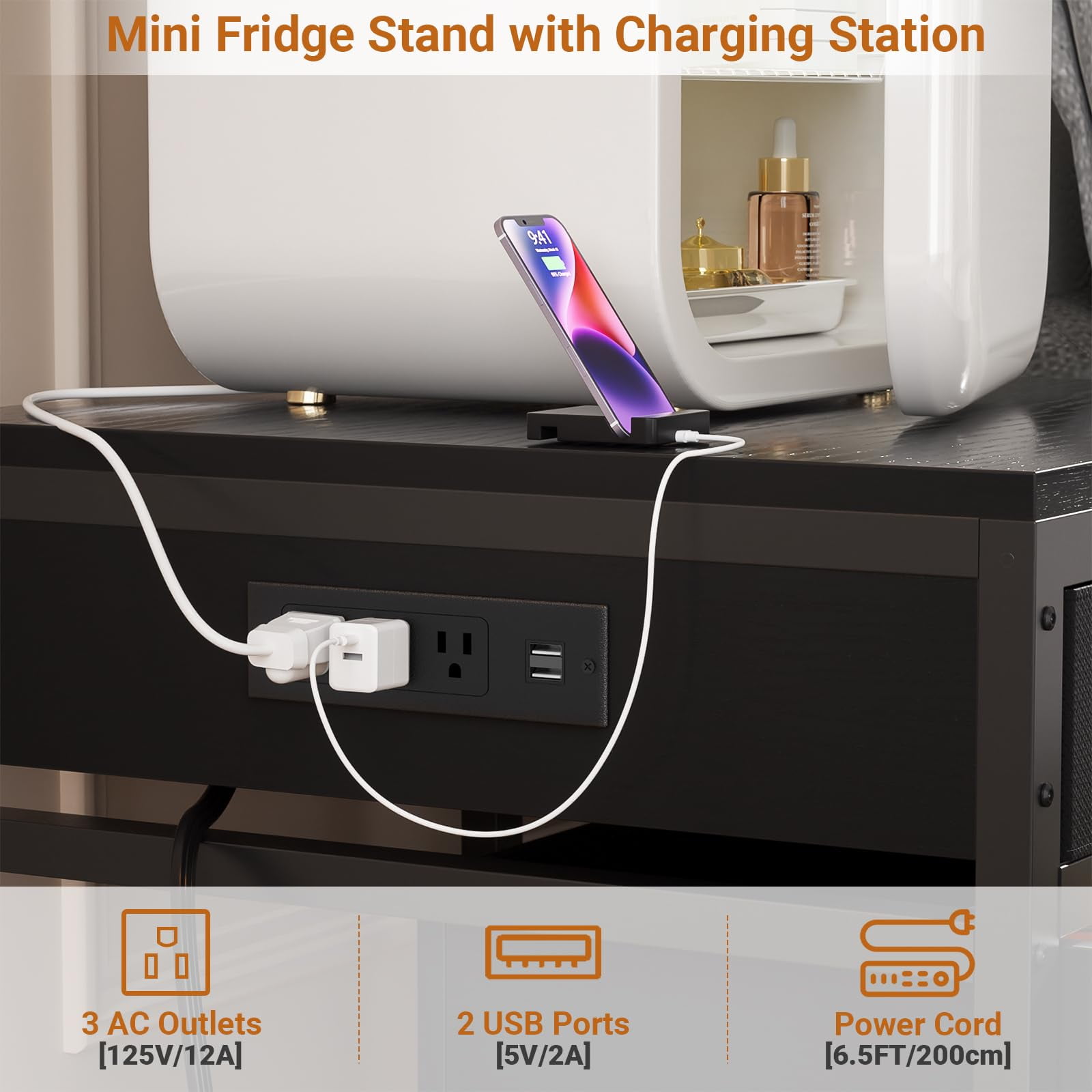Homieasy Mini Fridge Stand with Drawer Storage & Sockets, Heavy Duty Mini Refrigerator table with Rolling Cabinet for Dorm, Apartment, Office, Mini Fridge and Microwave Stand,Black
