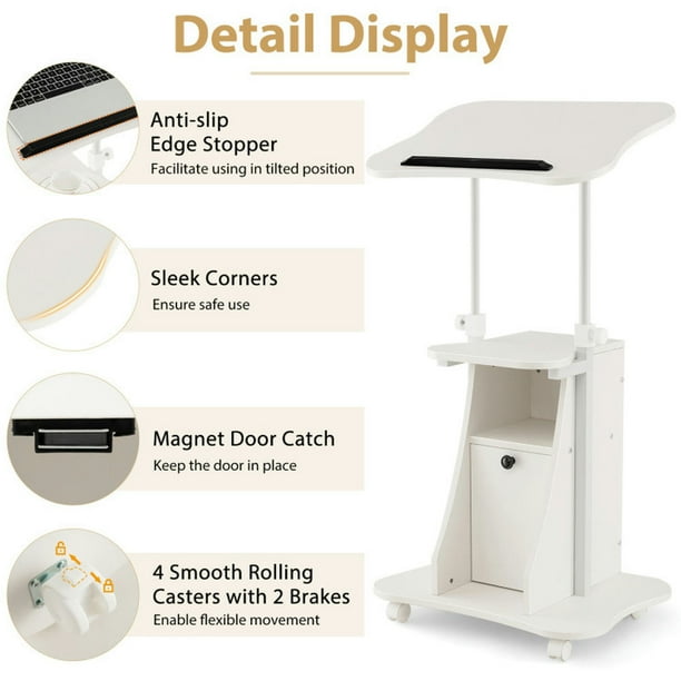 Hivvago Adjustable Mobile Standing Desk Cart with Tilt Desktop and Cabinet in White Mathis Home