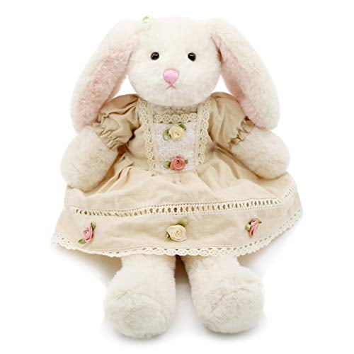 Oits-cute Small Soft Stuffed Animal Bunny Rabbit Plush Toy for Baby Girls 15inch (White Rabbit Wearing Yellow Vintage Dress)