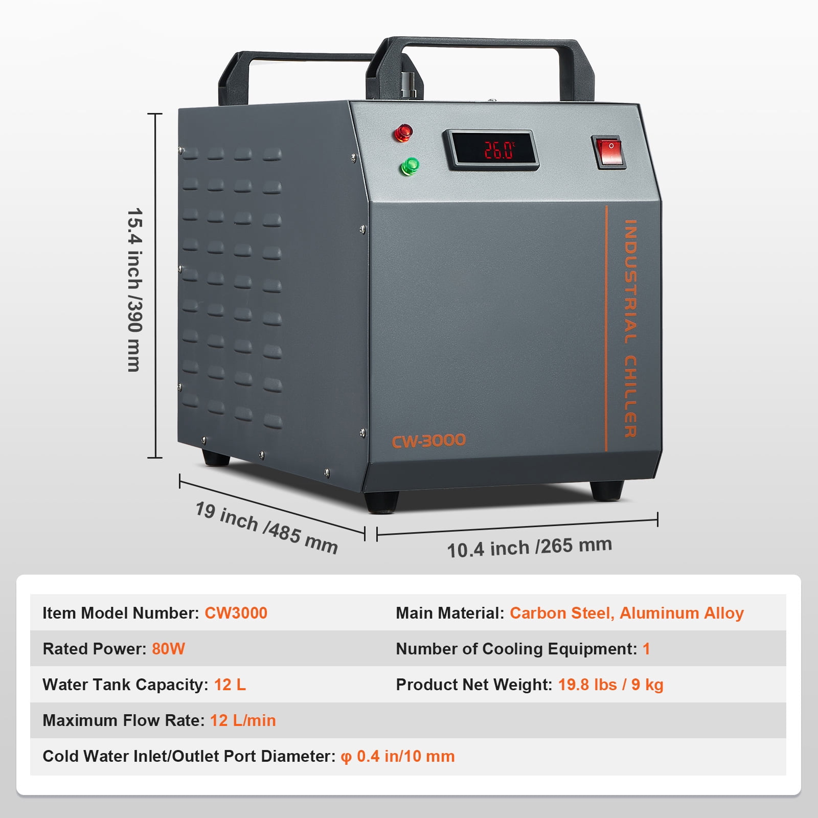 KFFKFF 12 L 12 L/min Air-cooled Industrial Chiller CW-3000 for Laser Tube