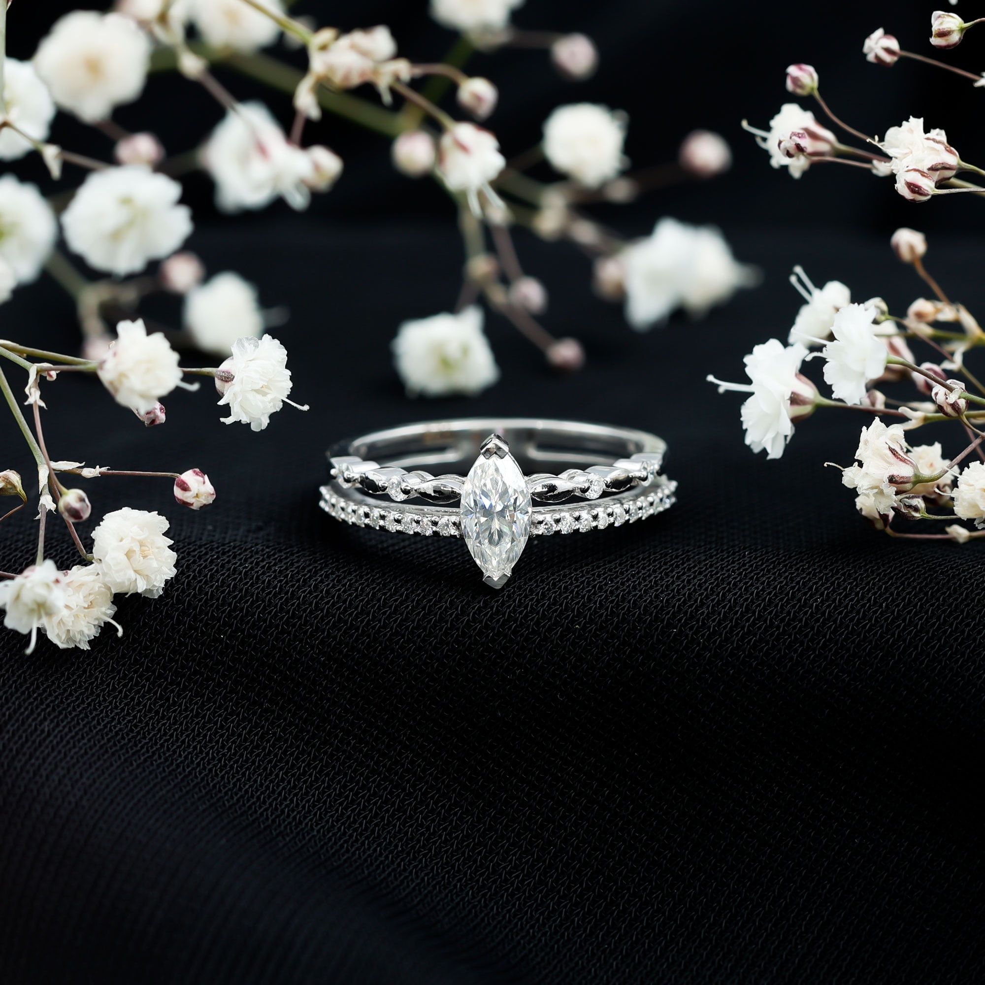 Rosec Jewels Certified Moissanite Marquise Engagement Ring for Women - 4X8 mm - Double Band Ring - D-VS1 Grade, 14K White Gold, US 8.50