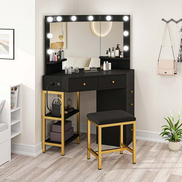 Corner Vanity Desk With Lights & Mirror, Makeup Vanity with Shelf & 6 Drawers, Vanity Dressing Table for Makeup,Modern Desk Vanity for Bedroom, Black