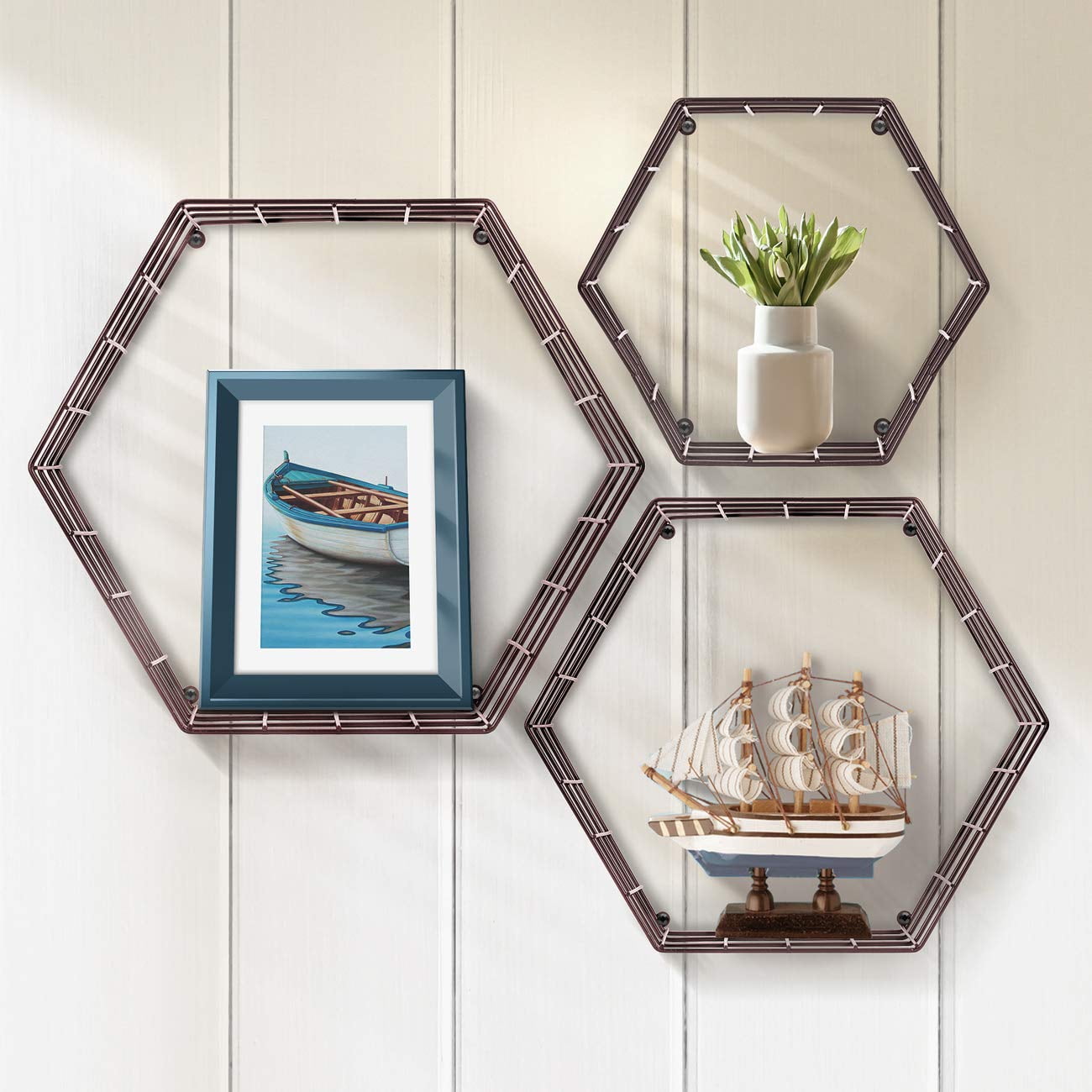 Sorbus Floating Shelves, 3 Pack Wall Mounted Metal Wire Hexagon Design, 14 x 12 Inch Wall Shelves for Bedroom, Kitchen, Living Room, Bathroom Shelves Over The Toilet, Home Décor