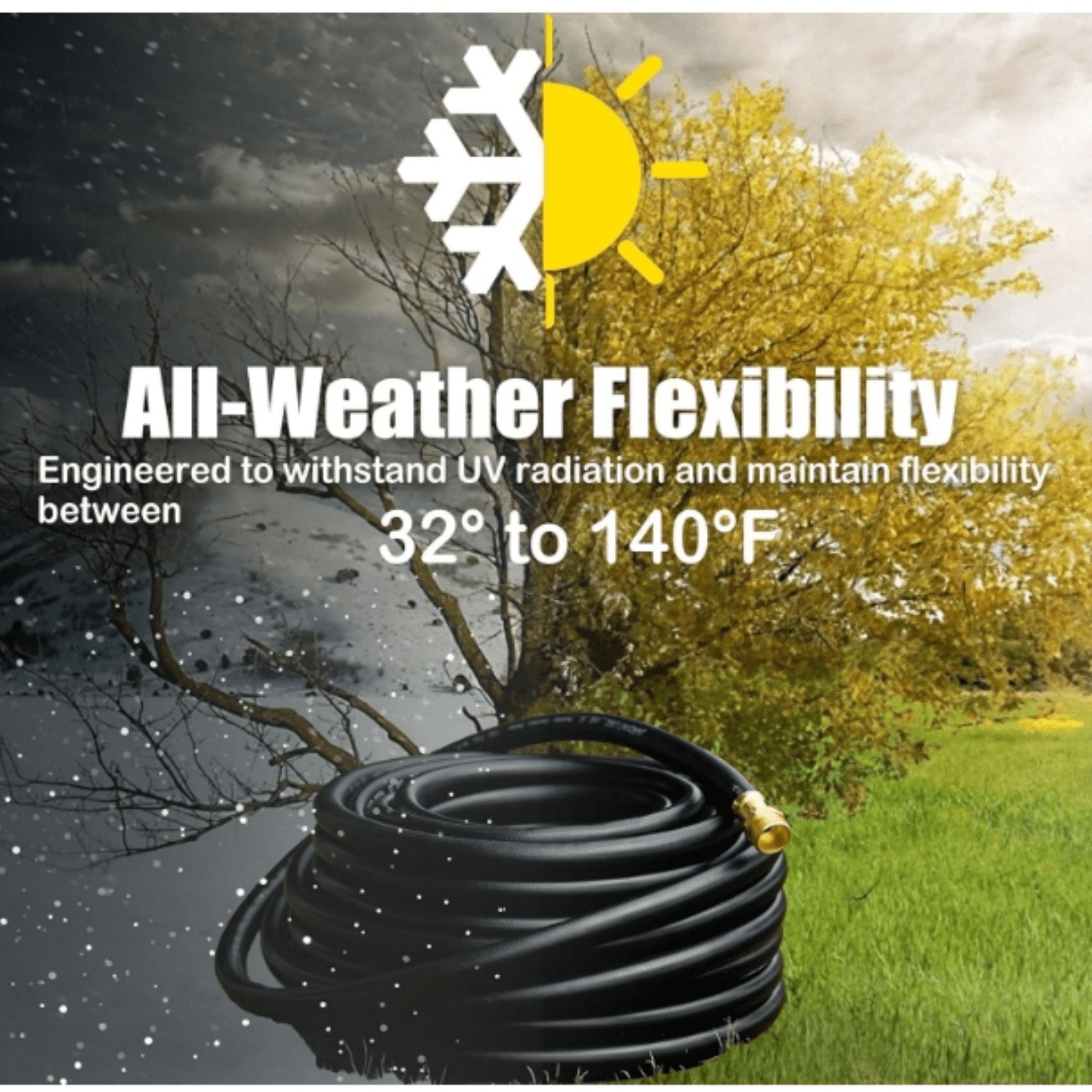 "Hybrid Garden Hose 50FT - 5/8"" Durable Sturdy and Functional Rubber Hose with Brass Fittings - UV Resistant Leak Proof for Large Gardens and Outdoor Use "