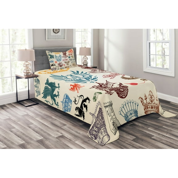 Ambesonne Medieval Quilted Bedspread Set 2 Pcs, Classic Royal Crown Motifs, Twin Size, Multicolor