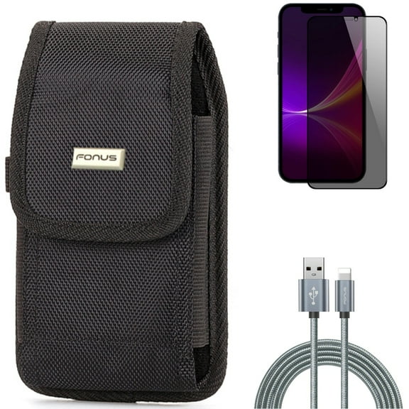 6ft USB Cable & Privacy Screen Protector & Case Belt Clip for iPhone 13 Pro Max ONLY - Charger Cord Power Wire   Tempered Glass Curved Anti-Spy   Rugged Holster Canvas Combo