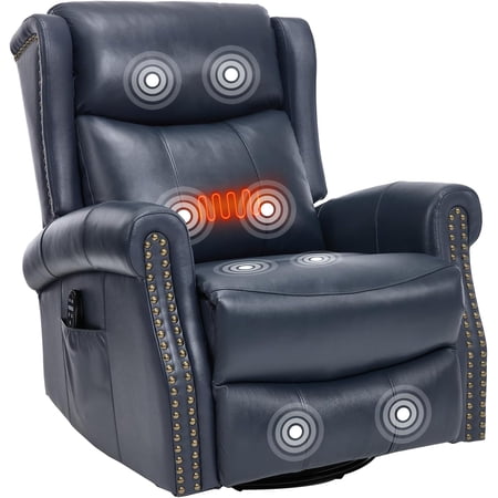Genuine Leather Swivel Rocking Recliner Chair for Adults 360° Swivel Glider Rocker with Heat & Vibrating Massage Lounge Chair for Living Room Bedroom Nursery (Blue)