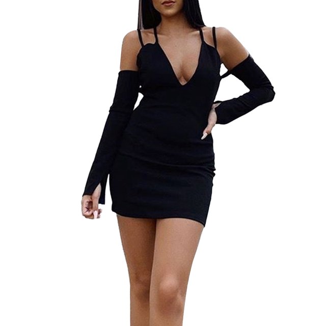 SAYOO Vestido ajustado de manga larga para mujer, correa de espagueti ahuecada Color sólido Cremallera trasera Fiesta de noche Club Boda de una sola pieza SAYOO S M L