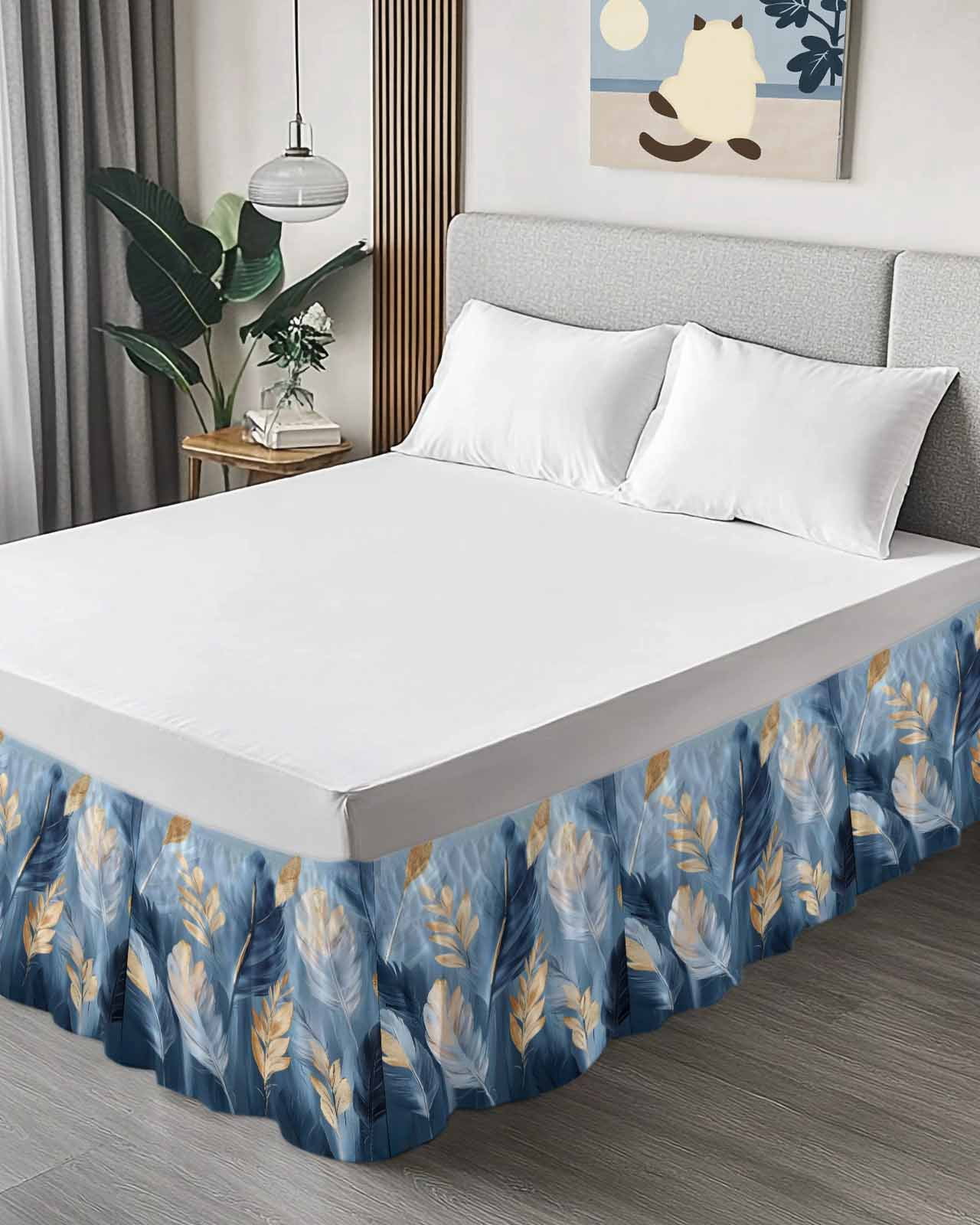 Blue Gold Feather Wrap Around Bed Skirts for Queen Bed 16" Drop,Bed Skirt with Adjustable Elastic Belt Dust Ruffle Bed Valance for Bedroom Hotel Modern Oil Painting Gradient White Bed Frame Cover