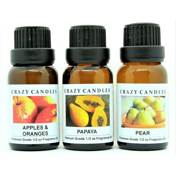 Crazy Candles 3 Bottles Set, 1 Apples & Oranges, 1 Papaya, 1 Pear 1/2 Fl Oz Each (15ml) Premium Grade Scented Fragrance Oils