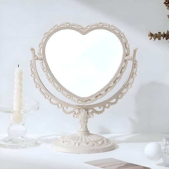 XIBUFE 7 Inch Vintage Heart Mirror-Mirror for Desk Elegant Desk Makeup Mirror with Double Sided 360 Degree Rotation Vanity Mirror for Room Decor(Beige 1Pcs)