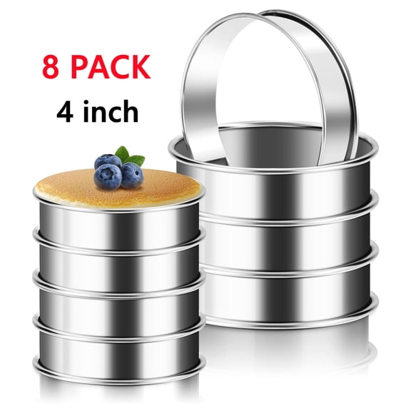 8 Pack Crumpet Rings, 4 Inches Nonstick English Muffin Rings, Stainless Steel Double Rolled Tart Ring, Round Metal Pastry Ring Molds for Baking Cake Dessert Food Making Tool
