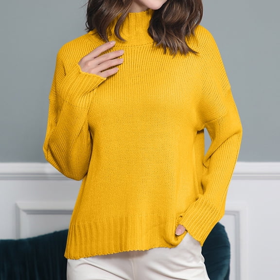 Sweaters for Women Turtleneck Solid Color Long Sleeved Round Neck Casual Blouses Womens Sweaters Plus Size Yellow XL