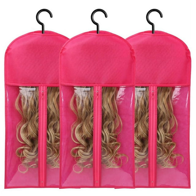 3 Piezas Soporte para Extensiones Cabello Almacenamiento Pelucas Múltiples Soportes Bolsas con Colgador Rosa Rojo
