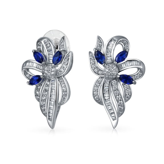 Bling Jewelry Womens Vintage Cocktail Statement White Sapphire Blue CZ Ribbon Bow Drop Stud Earrings Silver Plated