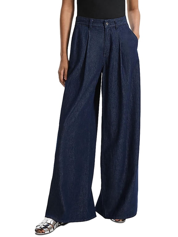 Womens Pleated Denim Wide Leg Jeans