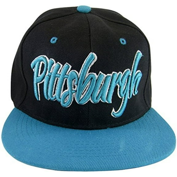 Pittsburgh Cursive Script Men's Adjustable Snapback Baseball Caps (Black/Teal)