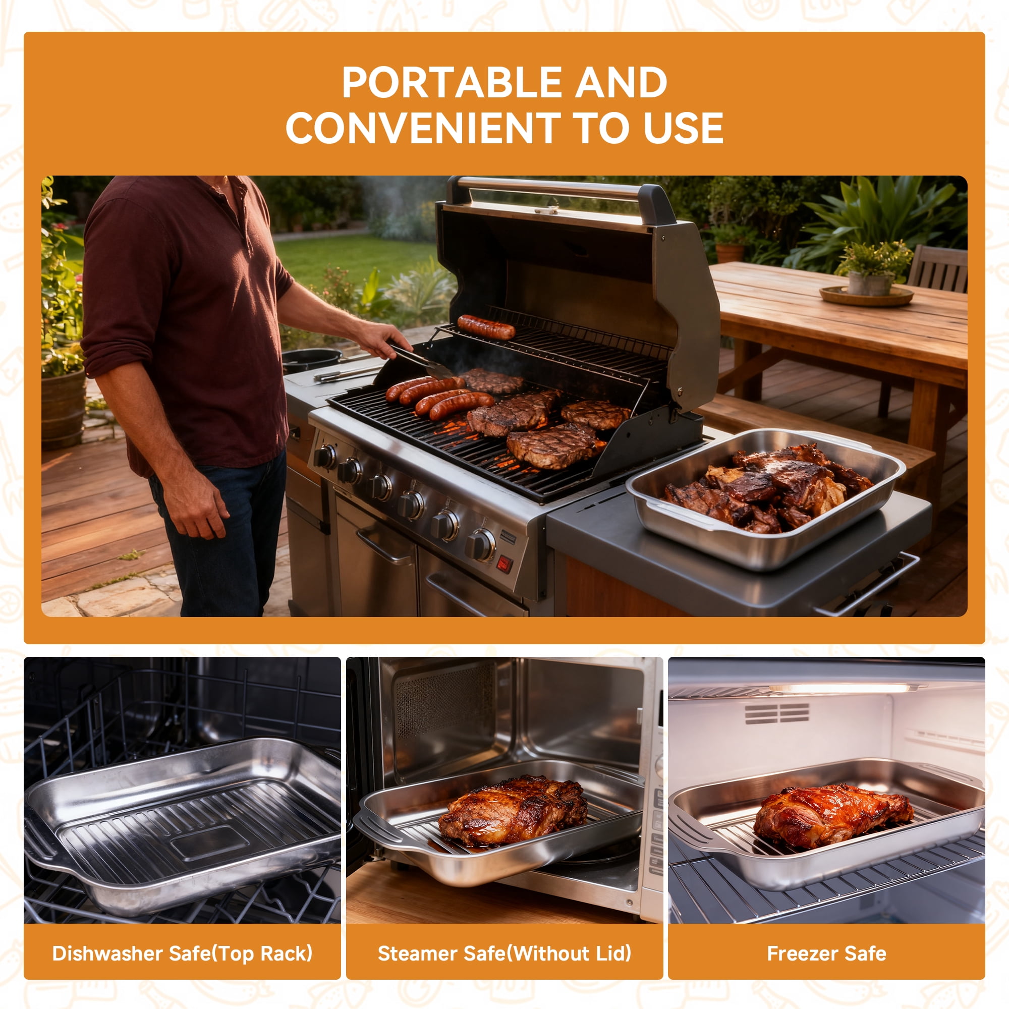 Grill Prep Trays Set Of 8, Stainless Steel Baking Pan with Lid, Grilling Prep and Serve Tays, Cookie Sheets, 2 Marinade Container With Lids, Cutting Board