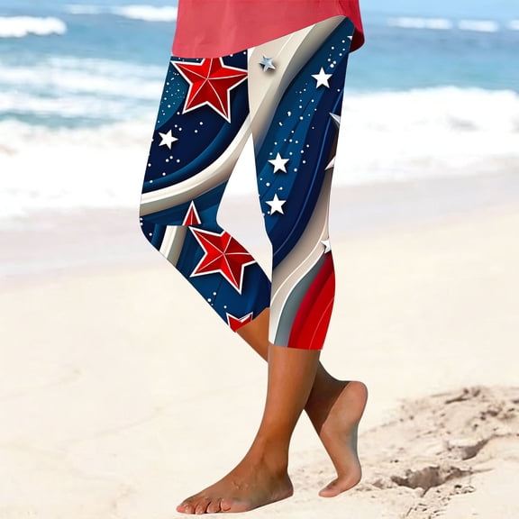 SELONE Women Capri Pants 4th of July Red White and Blue Leggings Pants Patriotic Graphic Outerwear Navy S