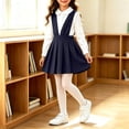 thumbnail image 2 of YUANxueke Girls V Neck Pleated Suspender Skirt, Solid Color Sleeveless High Waist Dress, Kids School Uniform Class Outfits, 2 of 6