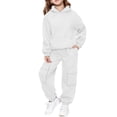 thumbnail image 2 of XIMIN Teen Girls 2 Piece Sweatsuit, Fleece Hoodie and Jogger Set, Ribbed Cuffs with Oversized Pockets, Youth Outfits (White, 5-6 Years), 2 of 9