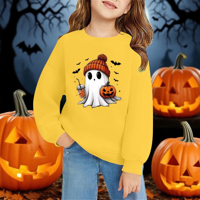 Chandail à Col Rond à Manches Longues pour Enfants, Décontracté et Tendance, Imprimé 2D d'Halloween, Jaune