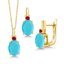 Gem Stone King 4.68 Ct Green Turquoise Red Created Ruby 18K Yellow Gold Plated Silver Pendant and Earrings Jewelry Set