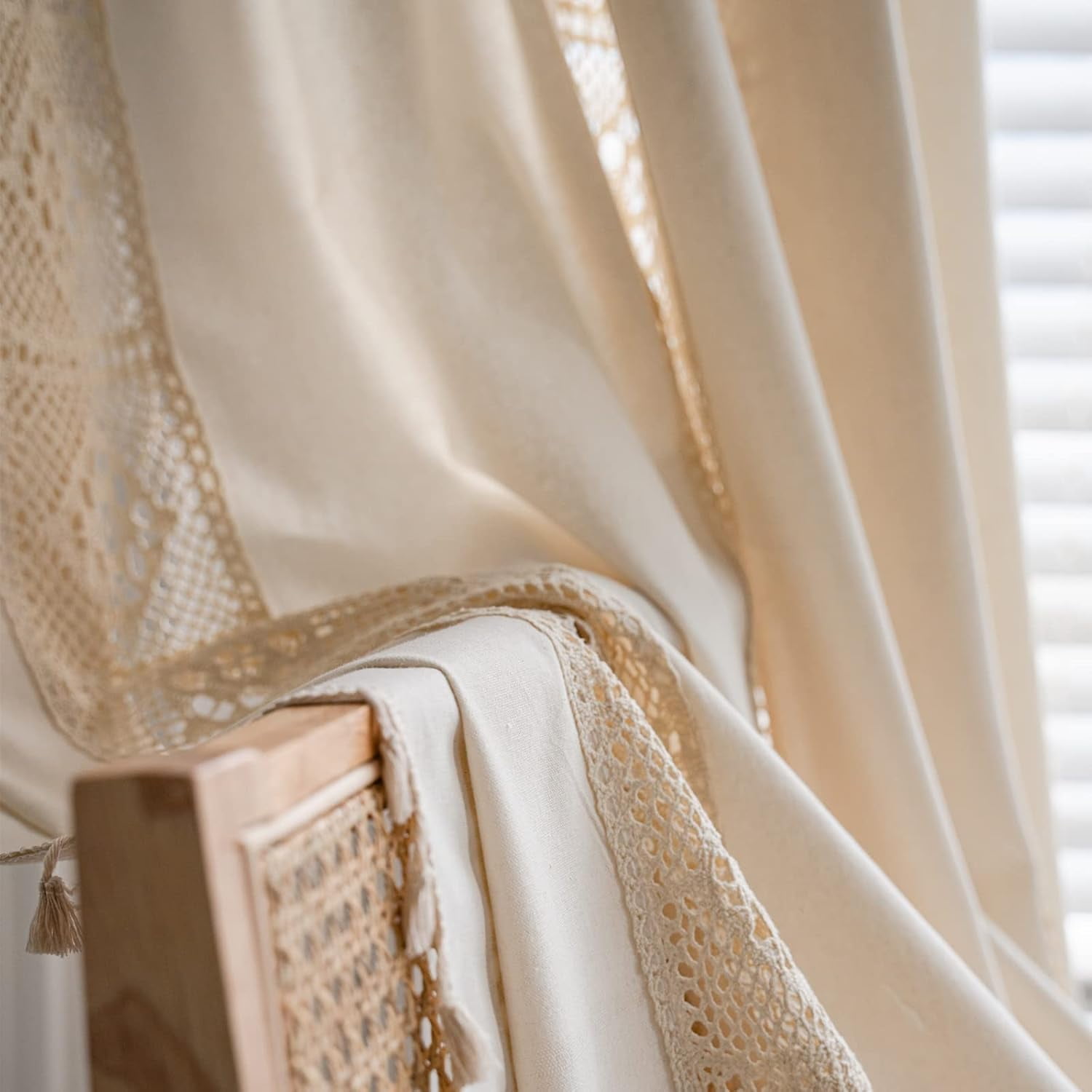 Vireellx Boho Curtains for Bedroom, Cream Hollow Crochet Stripes and Florals Print Cotton Linen Fabric Patchwork, Bohemian Beige Tassel Semi-Blackout Window Panel Farmhouse Drape