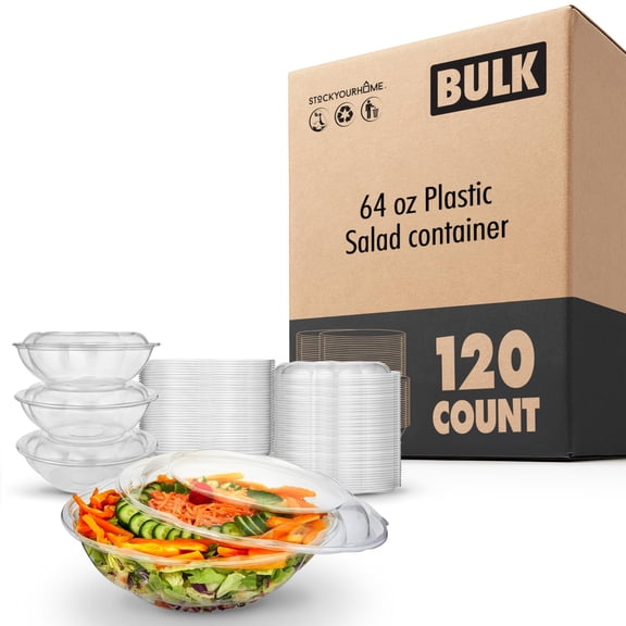 Stock Your Home 64 oz Clear Plastic Salad Bowls with Lids Disposable 120 Pack, Extra Large Takeout Containers for Fruit Salads Meal Prep and Parties