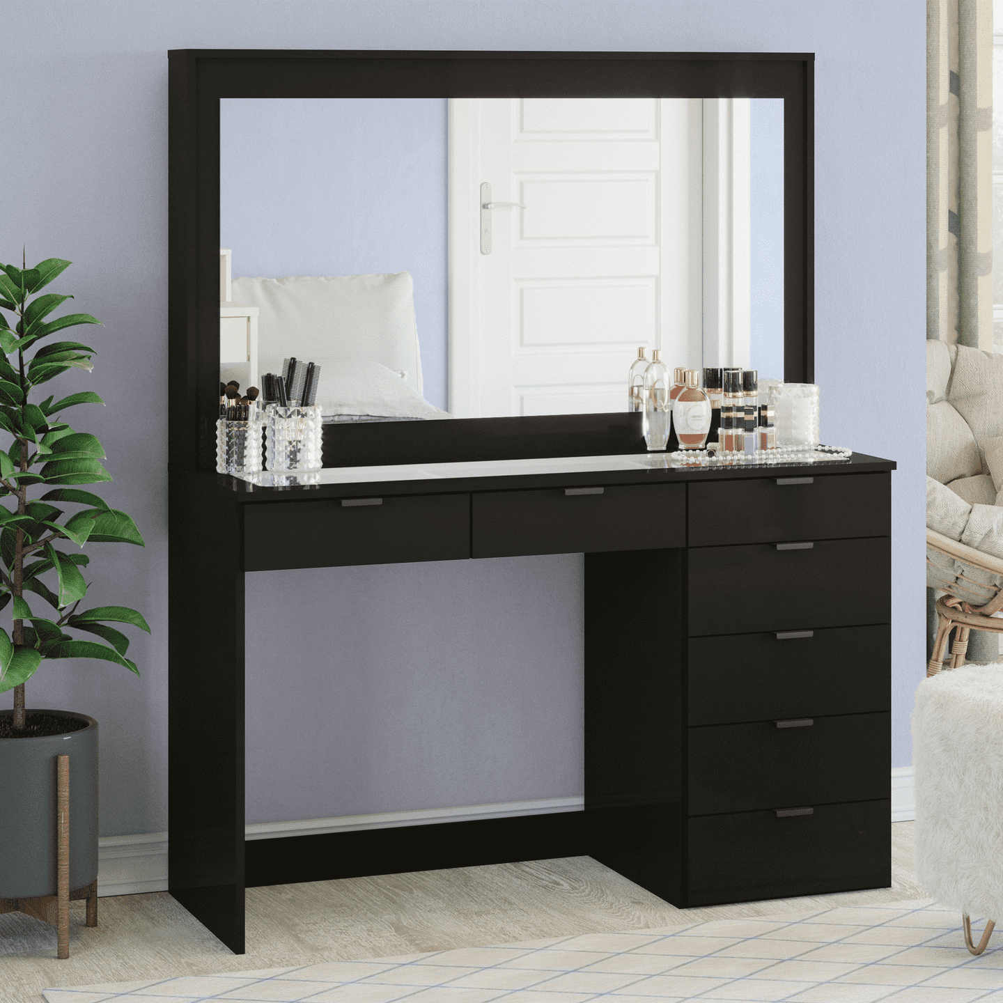 Black Mirrored Dressing Table Drawers High Gloss Glass Mirror Make Up Desk New 
