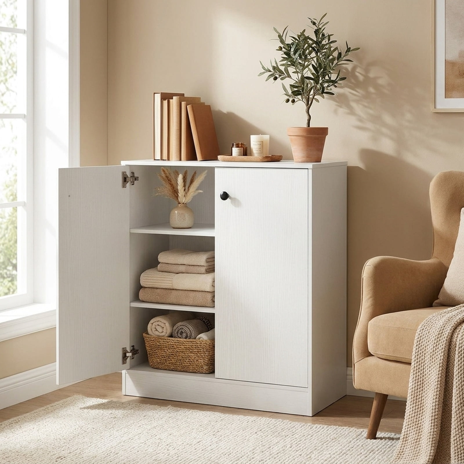 Furnibear 2 Door Accent Storage Cabinet with 3 Tier Shelf and Countertop Buffet Sideboard for Living Room Entryway and Kitchen, White