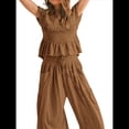 thumbnail image 4 of Conjunto de Dos Piezas para Mujer: Top Fruncido y Pantalón Conjunto Informal Bohemio de Cintura Alta con Bolsillos Marrón Oscuro S, 4 of 7