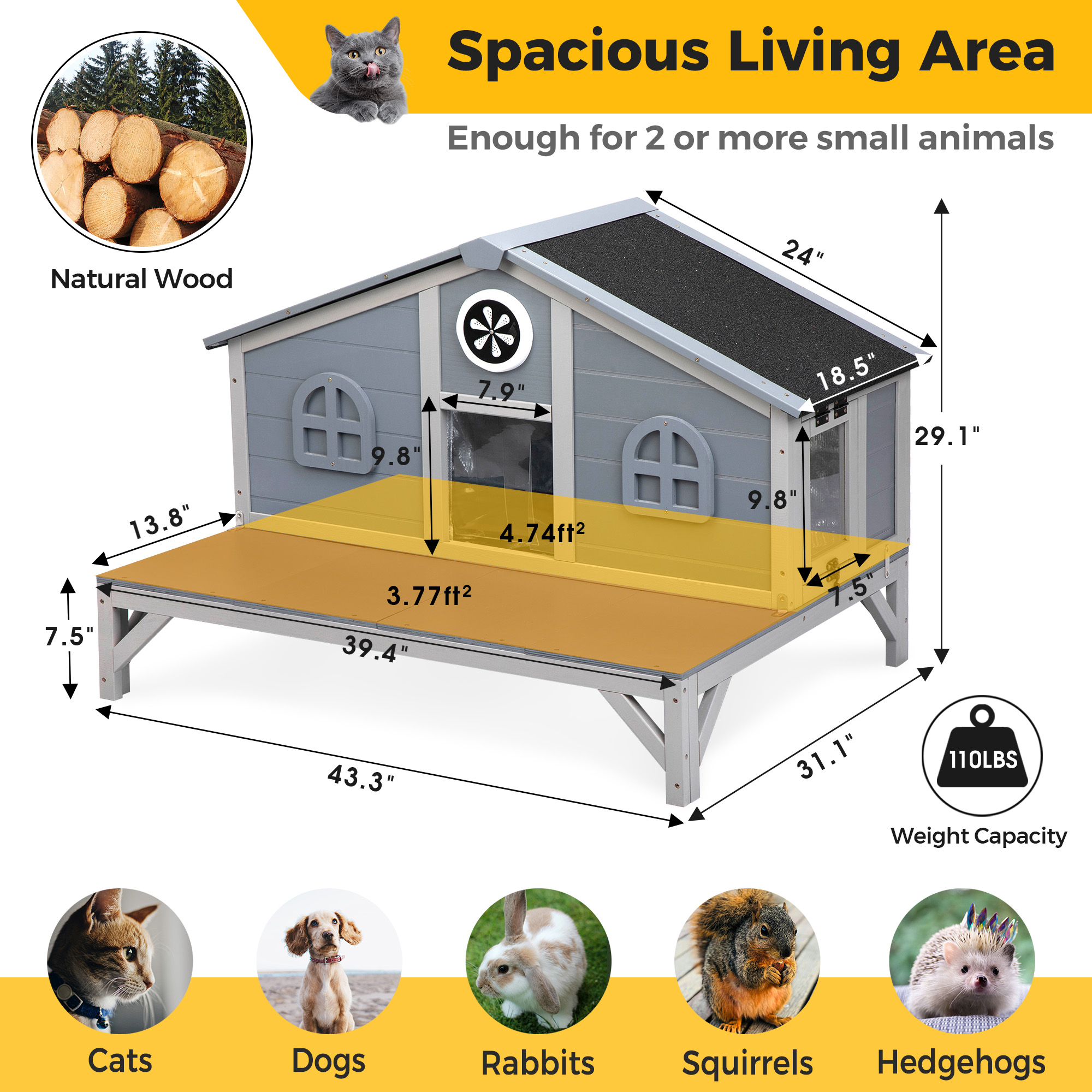 Insulated Wooden Cat House, Indoor Outdoor Cat Enclosure with Large Play Run Waterproof Roof, Fringe Curtain and Doors, Gray