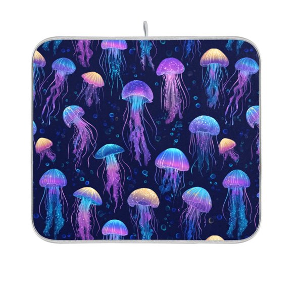 Yayeee Dish Drying Mat for Kitchen Counter 16"x18" Microfiber Absorbent Pad, Dark Blue Jellyfish Pattern