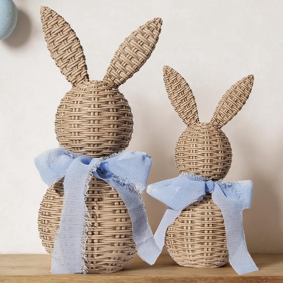 JEWLALO Rattan Effect Resin Bunnies with Light Blue Bow, 2PCS Large & Small, Easter Decorations Bunny Figurines Sets, Farmhouse Spring Table Centerpiece Decor for Home Wedding Gift